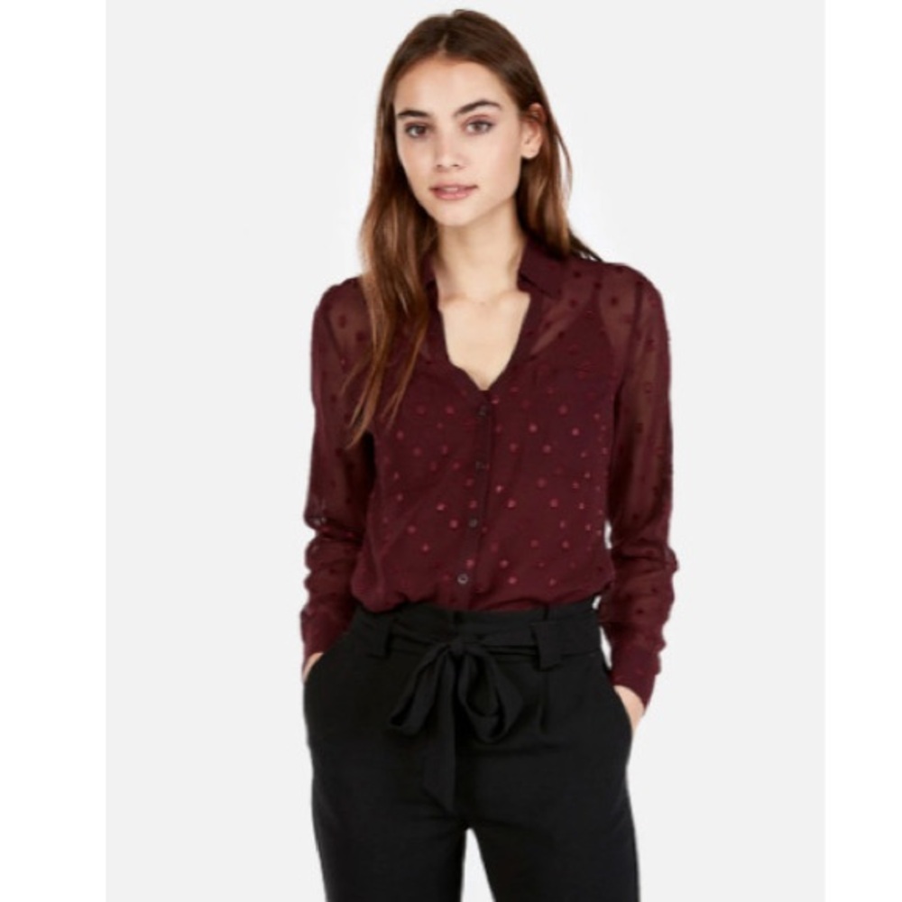 Express Wine Red Slim Dotted Sheer Roll Tab Sleeve Portofino Shirt